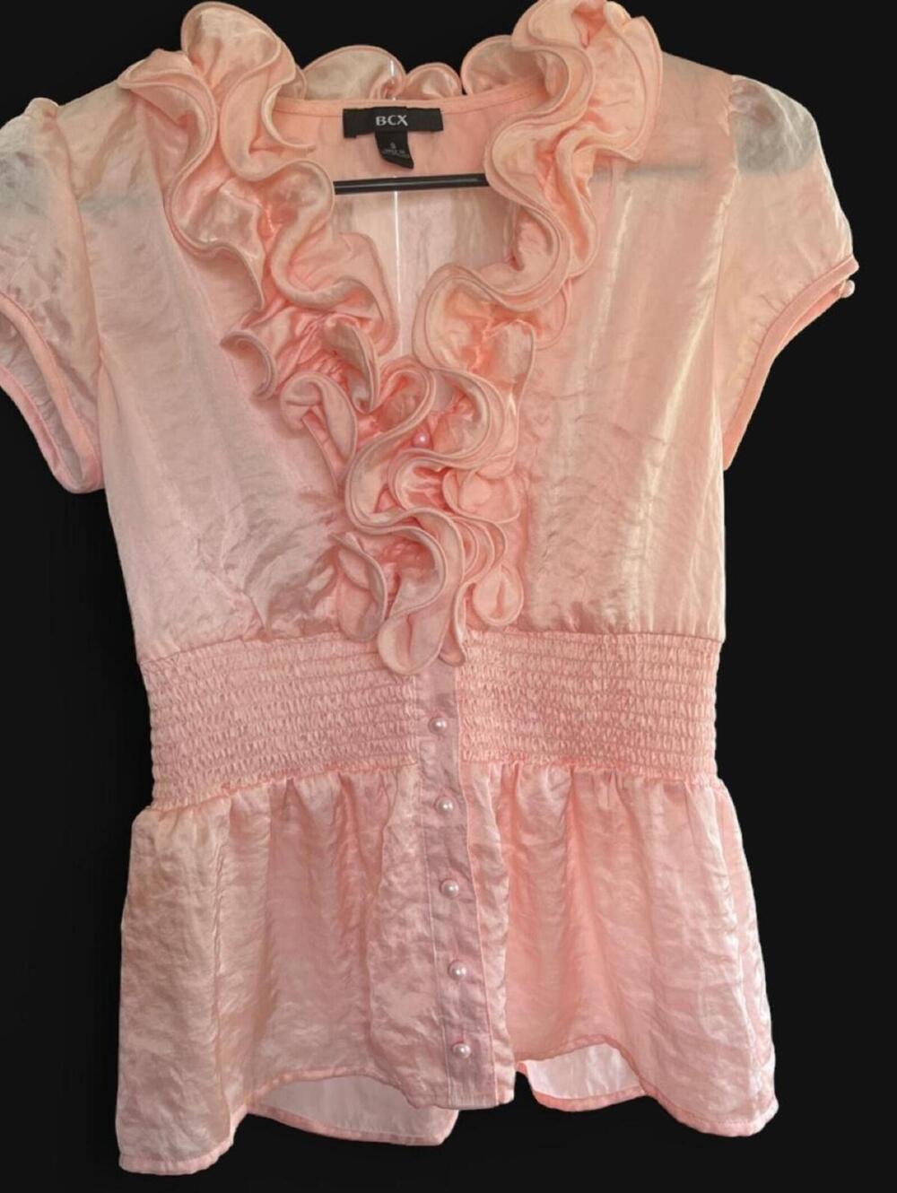 BCX Y2K Pink ruffle blouse with button-up front and smocked waist